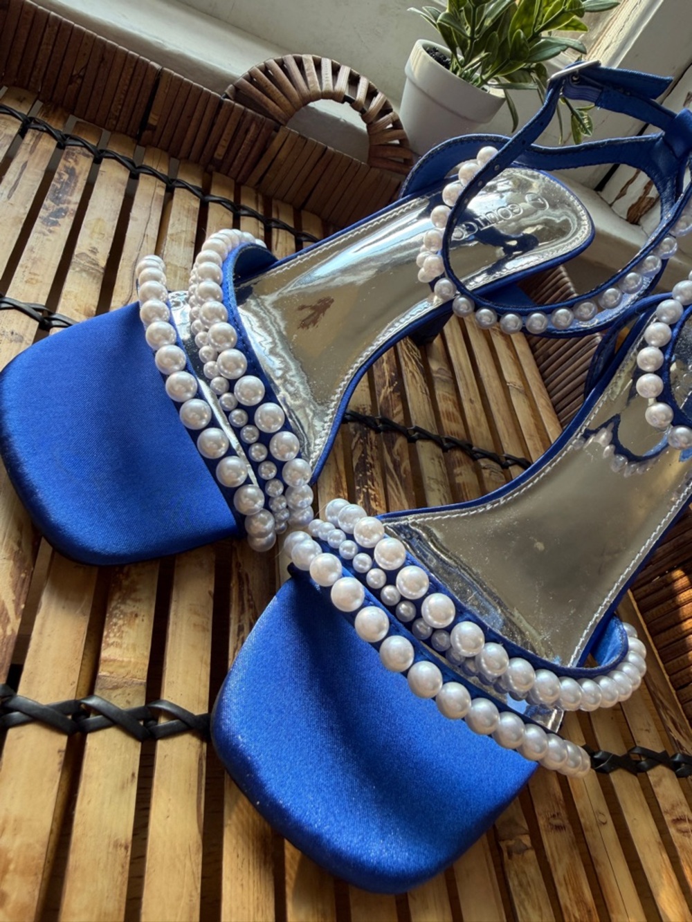 NEW Blue Satin Pearl Heels Ankle Strap Dress Sandals Wedding Guest Women Size 7 - Picture 2 of 8
